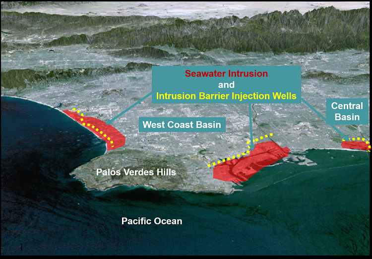 Illustration of seawater intrusion and protection barriers